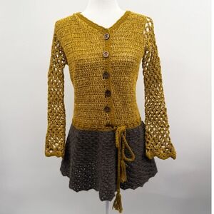 Vintage Handmade Twee Chunky Knit Tunic Top in Mustard Yellow Gray‎ Size Small